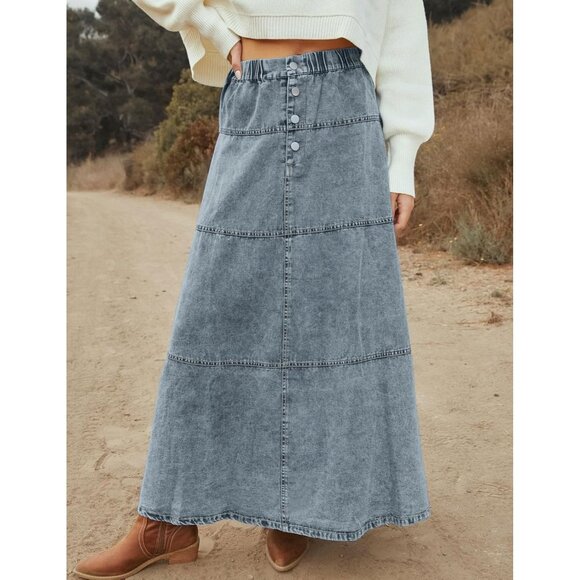 Stylish Tiered Denim Maxi Skirt in Retro Blue - High Waist for Comfortable Fit - Picture 5 of 5